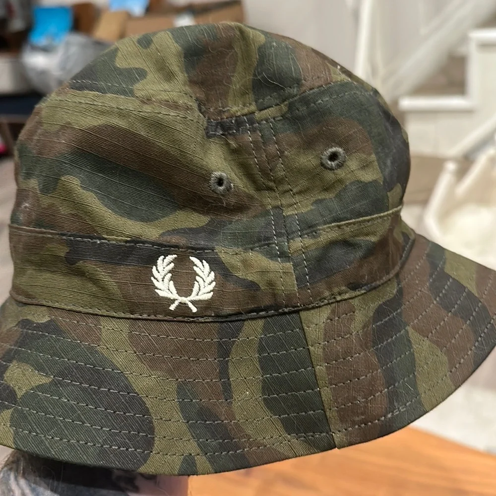 Fred Perry Camo Bucket Hat in Olive Green and Brown
